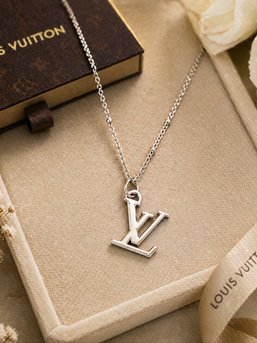 LV Style Silver Initial Pendant Necklace | Minimalist Designer Inspired